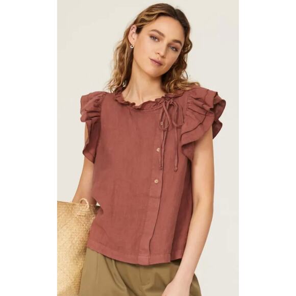 Sita Murt Pink Mauve Linen Ruffle Sleeve Button Top - Picture 1 of 12